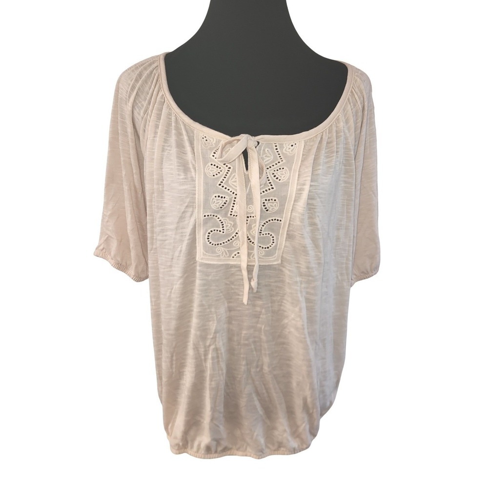 Cato Women's Beige Embroidered‎ Tie Neck Blouse Top Plus Size XL